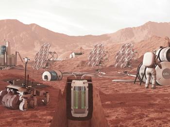 Illustration eines Photobioreaktors auf Basis von Cyanobakterien als Teil eines biologischen Lebenserhaltungssystems einer Mars-Station.
